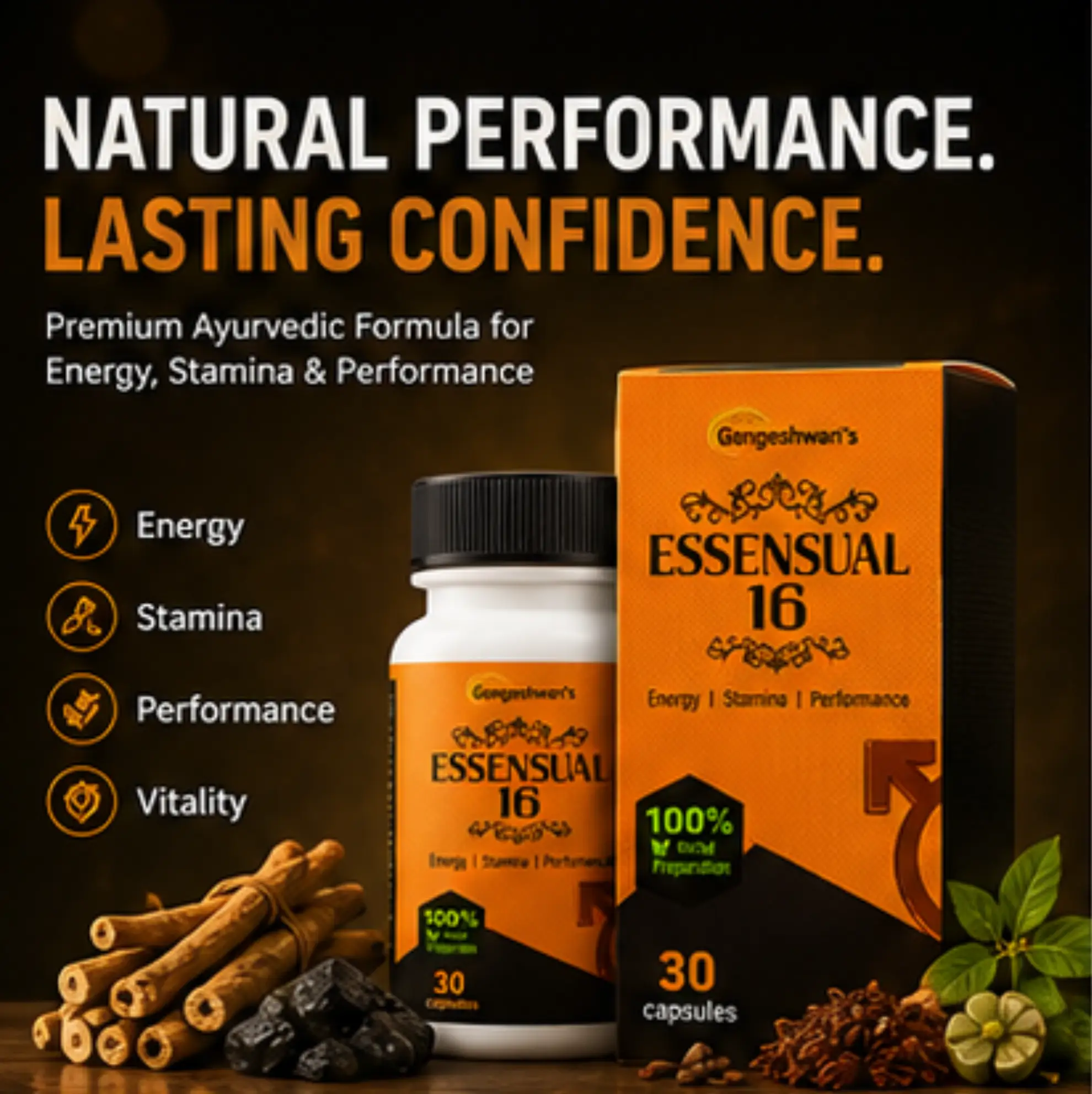 Essensual-16 Ayurvedic Power Capsule for Men | Supports Energy, Stamina, Vitality & Daily Performance | Premium Herbal Formula with Shilajit, Ashwagandha & Safed Musli | 30 Capsules - Image 9