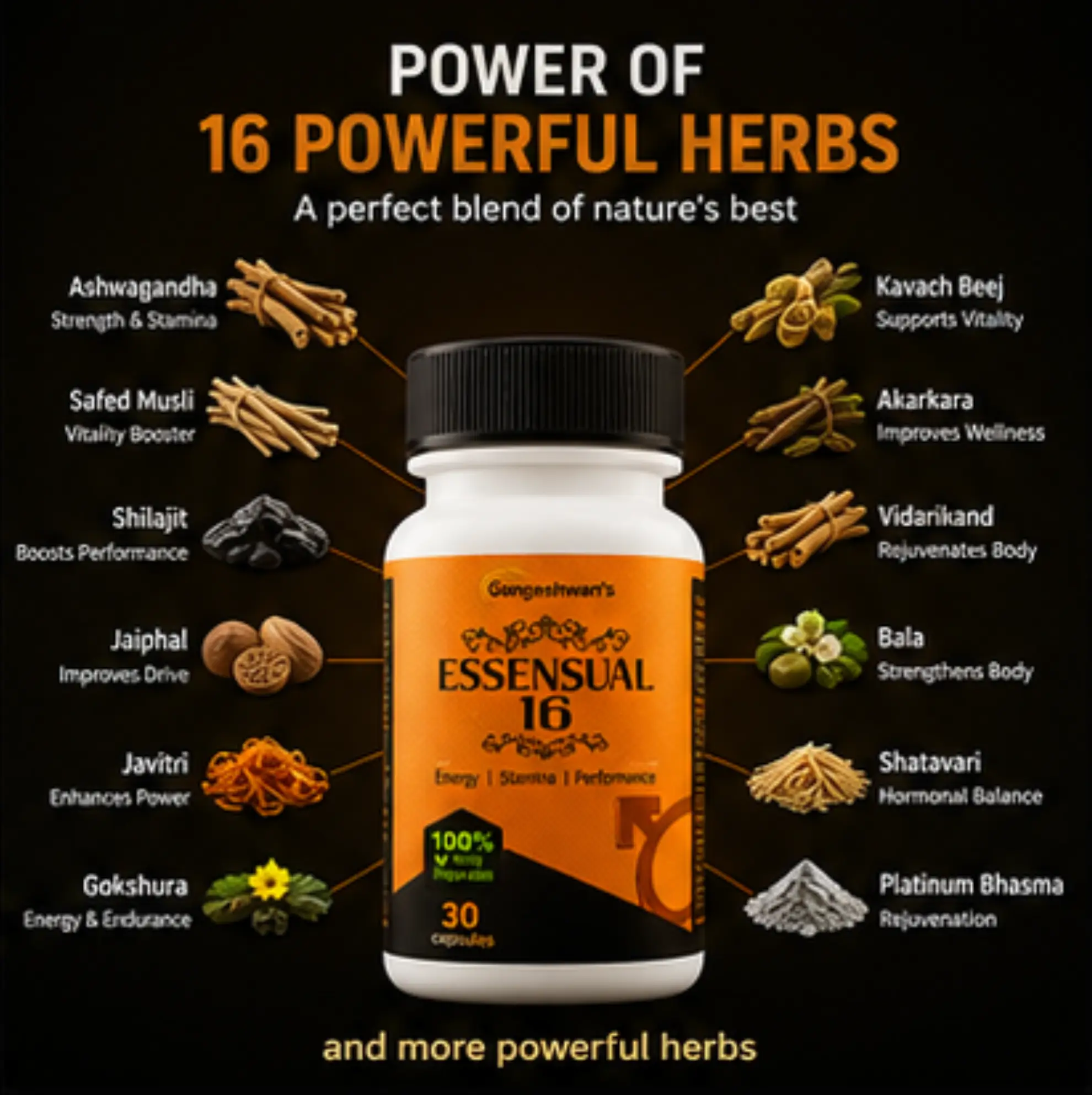 Essensual-16 Ayurvedic Power Capsule for Men | Supports Energy, Stamina, Vitality & Daily Performance | Premium Herbal Formula with Shilajit, Ashwagandha & Safed Musli | 30 Capsules - Image 8