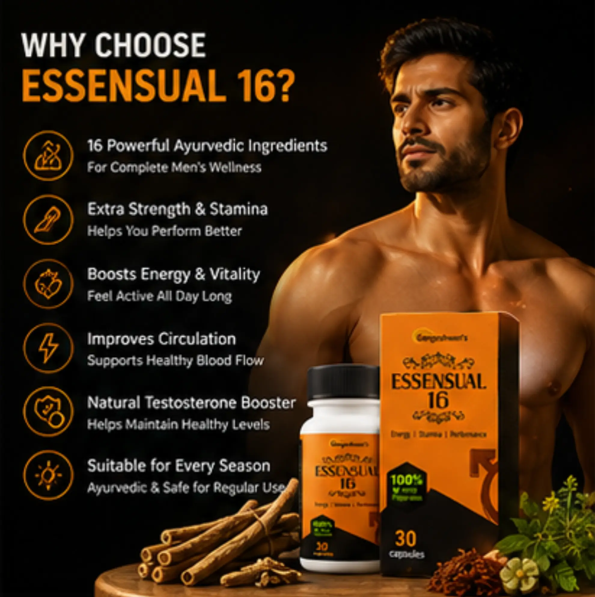 Essensual-16 Ayurvedic Power Capsule for Men | Supports Energy, Stamina, Vitality & Daily Performance | Premium Herbal Formula with Shilajit, Ashwagandha & Safed Musli | 30 Capsules - Image 7