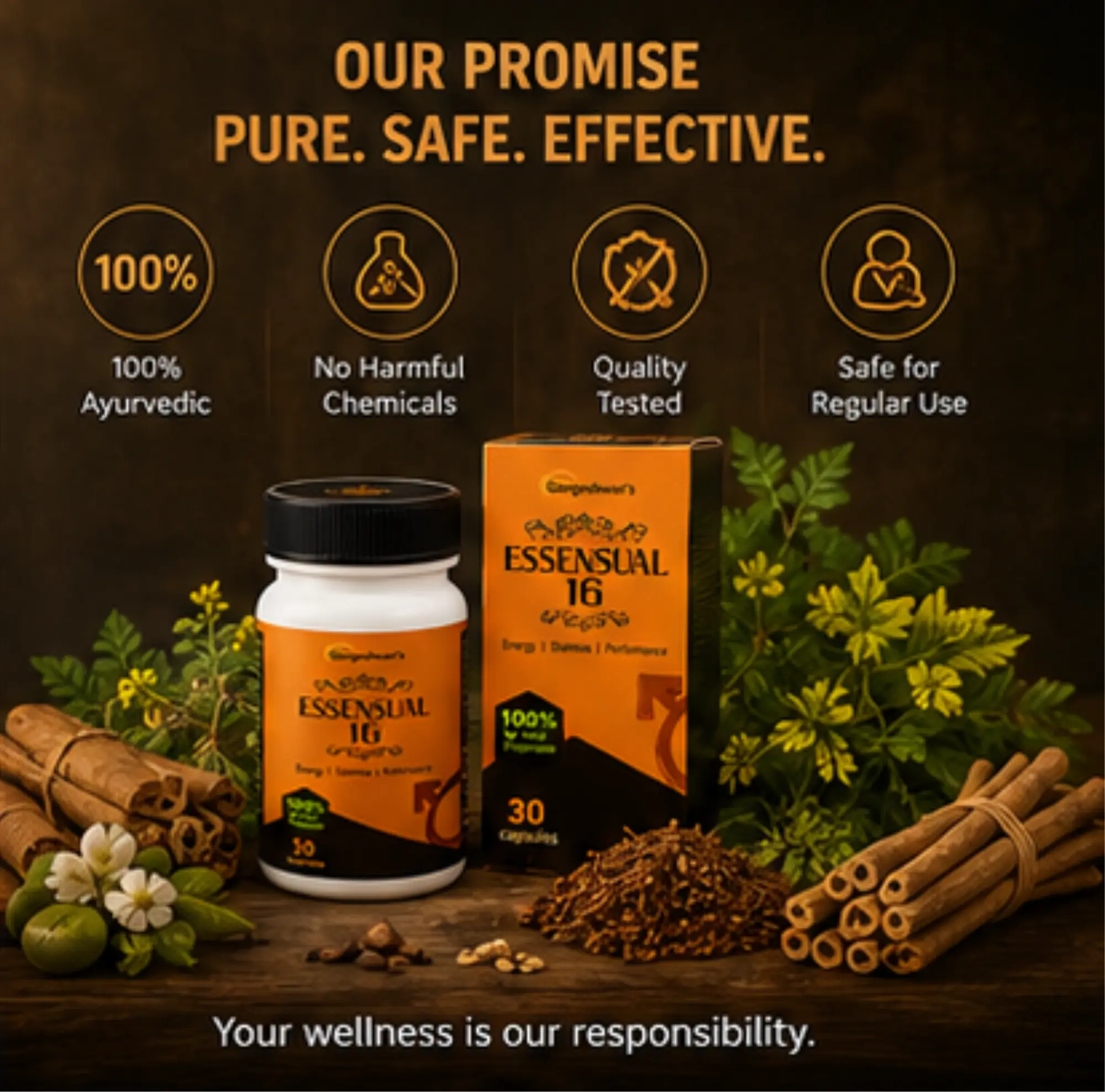 Essensual-16 Ayurvedic Power Capsule for Men | Supports Energy, Stamina, Vitality & Daily Performance | Premium Herbal Formula with Shilajit, Ashwagandha & Safed Musli | 30 Capsules - Image 2