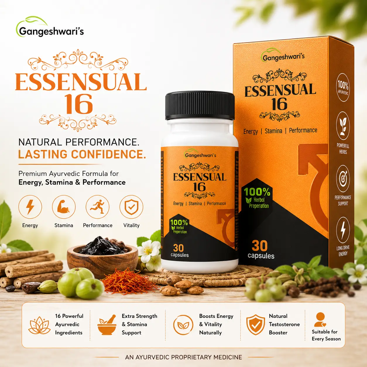 Essensual-16 Ayurvedic Power Capsule for Men | Supports Energy, Stamina, Vitality & Daily Performance | Premium Herbal Formula with Shilajit, Ashwagandha & Safed Musli | 30 Capsules