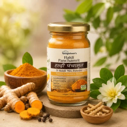 Gangeshwari Haldi Panchamrit Powder | Joint Pain & Anti-Inflammation Support | Immunity Booster Ayurvedic Drink | Turmeric + Black Pepper | 100g