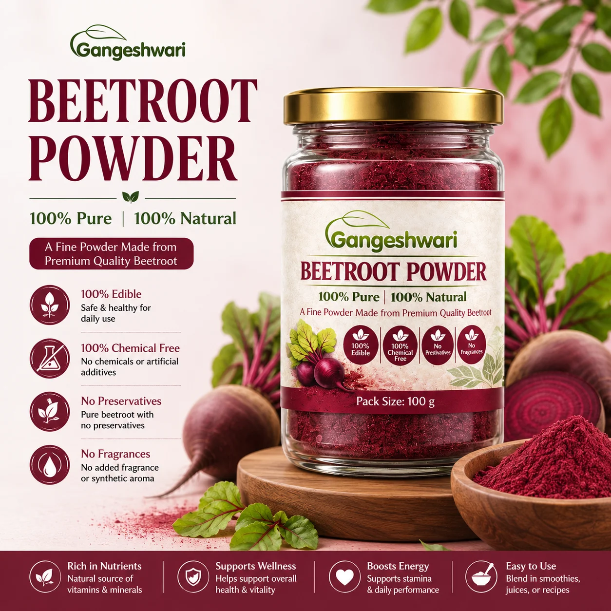 Gangeshwari Beetroot Powder 100g | 100% Pure & Natural | No Preservatives | Chemical Free | Premium Glass Jar | Daily Wellness & Nutrition Support - Image 2