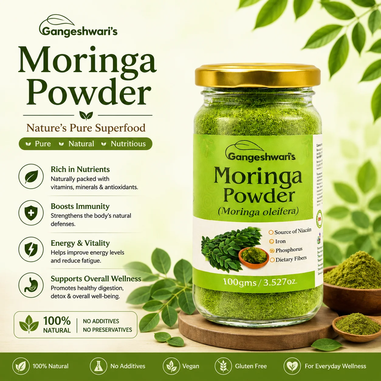 Gangeshwari Moringa Leaf Powder (Moringa oleifera) - 100gms. - 100% Natural - No Added Colors- Flavors- Preservatives - Image 2
