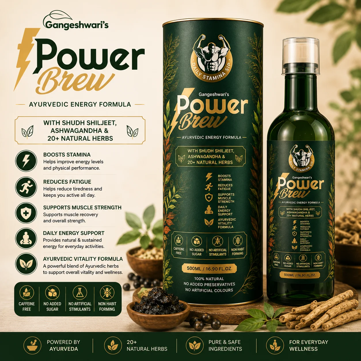 Ayurvedic Energy Drink with Shilajit & Ashwagandha | Natural Pre Workout Stamina Booster | Improves Strength, Testosterone Support & Performance | No Sugar, No Caffeine Crash | Power Brew 500ml - Image 2