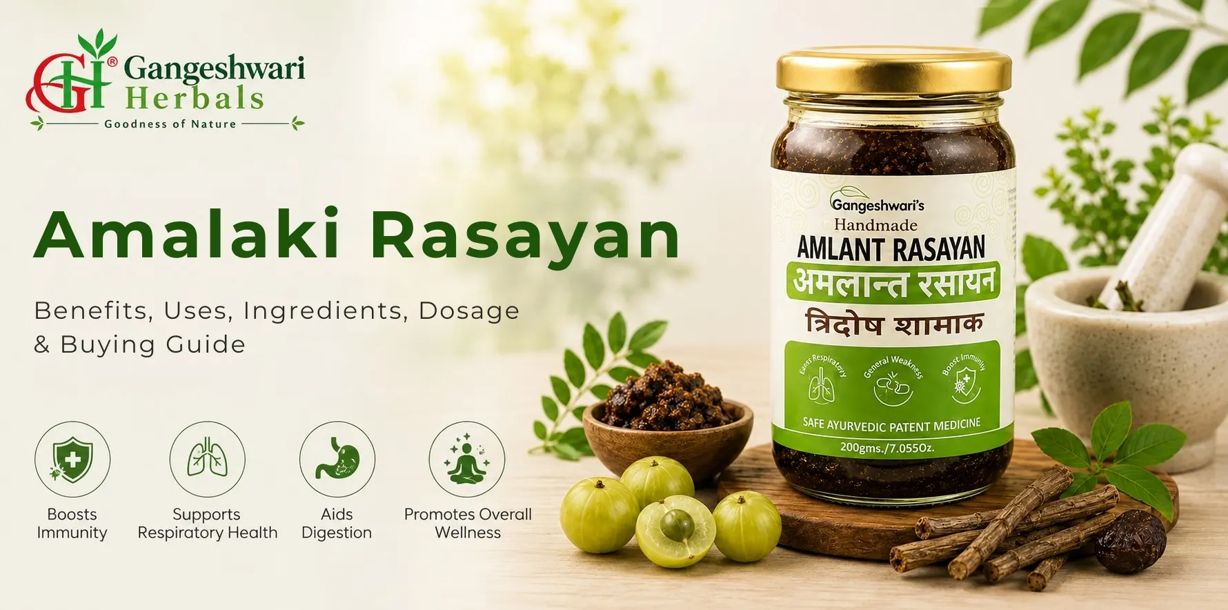 Amalaki Rasayan benefits, uses, ingredients, dosage and buying guide featuring Gangeshwari Herbals Amalaki Rasayan jar with amla and herbs.