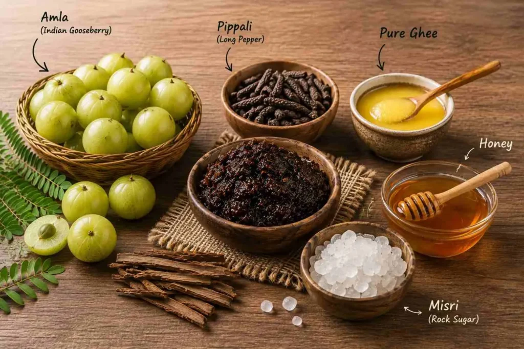 Amalaki Rasayan ingredients including Amla, Pippali, ghee, honey and Misri