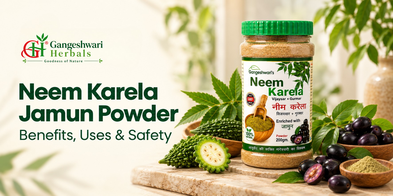 Gangeshwari Herbals herbal powder product displayed with fresh neem leaves, bitter gourd and jamun fruits.
